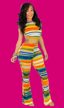 Polyester Fashion adult Sexy backless Print crop top Striped Two Piece Suits Boot Cut Sleeveless  Tw