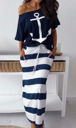 Polyester Fashion Casual Two Piece Suits Patchwork Striped Print Straight Short Sleeve  Two-Piece Dr