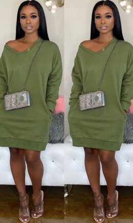 Olive green Acetyl fiber Sexy Cap Sleeve Long Sleeves V Neck Straight Knee-Length Solid