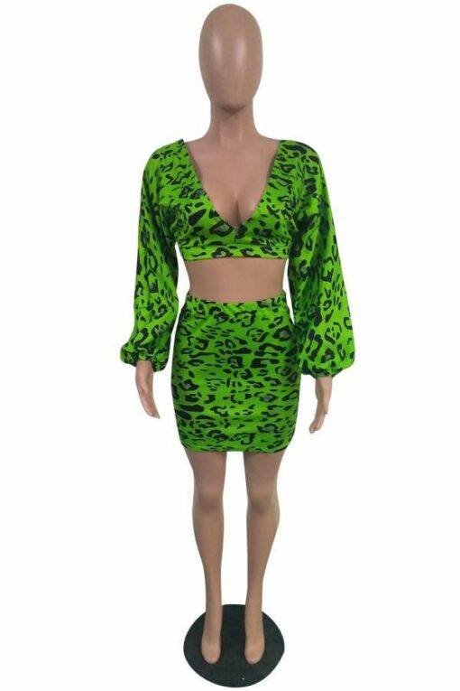 Polyester Casual adult Fashion backless Leopard Two Piece Suits Print Hip skirt Long Sleeve  Two-Pie