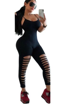Sexy Fashion Hole Patchwork Solid Polyester Sleeveless Slip  Jumpsuits
