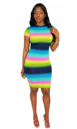 Multi-color Sexy Fashion Cap Sleeve Short Sleeves O neck Step Skirt Mid-Calf Ombre Patchwork Print Cl