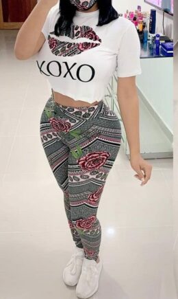 Fashion adult Street Letter Patchwork Print Two Piece Suits Lips Print pencil Short Sleeve Two Pieces