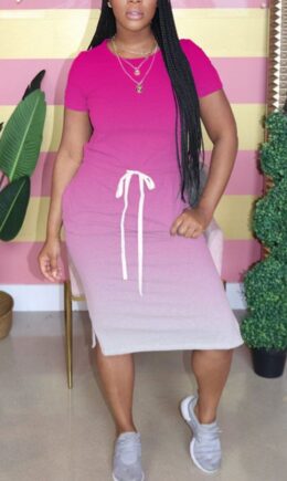 Polyester Fashion Street Cap Sleeve Short Sleeves O neck Step Skirt Mid-Calf Ombre Solid Dresses