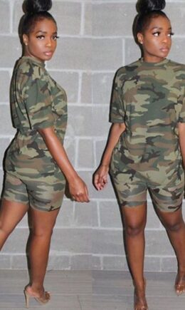 Fashion Casual Patchwork Camouflage Two Piece Suits pencil Short Sleeve Two Pieces