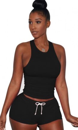 knit Sexy Patchwork Two Piece Suits Solid Straight Sleeveless  Two-Piece Short Set