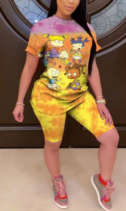 Fashion Casual adult Ma'am Print Character Two Piece Suits Straight Short Sleeve Two Pieces