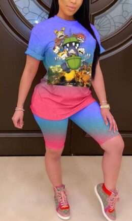 Polyester Fashion Casual Print Character Gradient Two Piece Suits pencil Short Sleeve Two Pieces