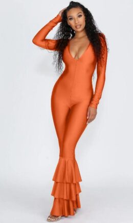 Sexy Fashion Solid Ruffled Polyester Long Sleeve V Neck