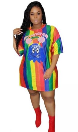 Multi-color Polyester Casual Fashion Cap Sleeve Half Sleeves O neck Straight Knee-Length Character Striped Anima