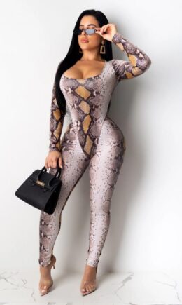 Fashion Sexy Asymmetrical Patchwork serpentine Print Polyester Long Sleeve V Neck  Jumpsuits