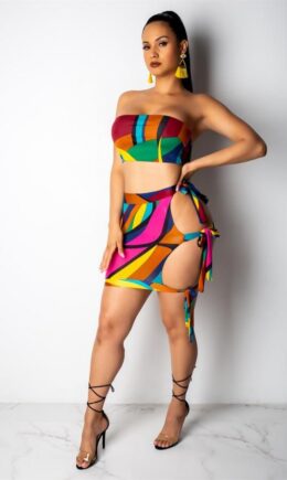 Multi-color Polyester Sexy Fashion Patchwork Bandage Print Hip skirt  Two-Piece Dress