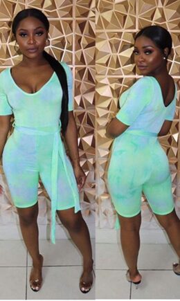 colour Sexy Fashion Tie-dyed Print ed drawing bandage Polyester Short Sleeve O Neck  Rompers