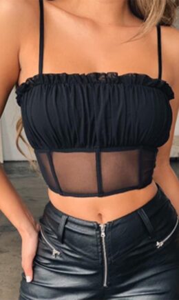 Polyester One word collar Sleeveless ruffle Solid perspective Patchwork Mesh  Tank Tops & Camis