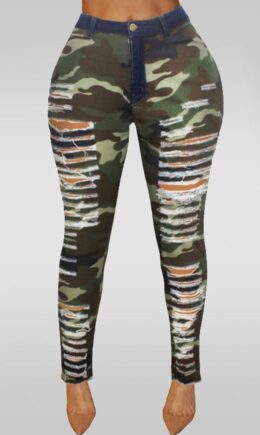 Camouflage Polyester Button Fly Sleeveless High Patchwork camouflage Print Hole pencil Pants