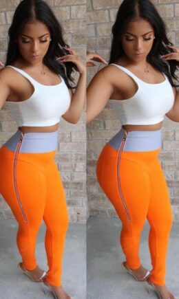 Polyester Elastic Fly High Patchwork Skinny Pants  Pants