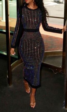 Sexy Long Sleeves O neck Slim Dress Ankle-Length diamonds