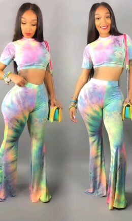 Multi-color Polyester Sexy Fashion crop top Tie Dye Slim fit Skinny Short Sleeve  Two-piece Pants Set