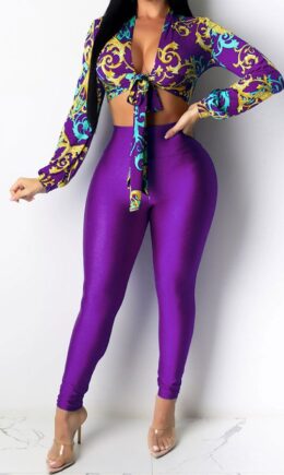 Polyester Fashion Casual adult Patchwork Print asymmetrical Two Piece Suits pencil Long Sleeve Two Pieces
