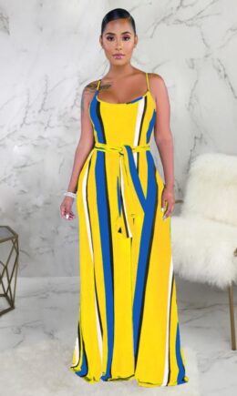 Polyester Fashion Sexy Spaghetti Strap Sleeveless Slip A-Line Floor-Length Print asymmetrical Stripe