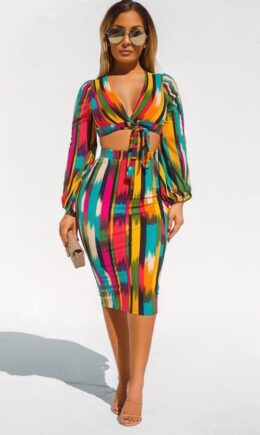 Multi-color Polyester adult Street Fashion Two Piece Suits Print Tie Dye Striped Hip skirt Long Sleeve  Two-Piec