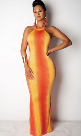 Polyester Fashion Sexy Tank Sleeveless Halter Neck Step Skirt Ankle-Length backless Print Ombre Patc