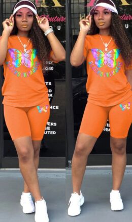 Polyester Fashion Casual adult Patchwork Print Two Piece Suits Straight Short Sleeve Two Pieces