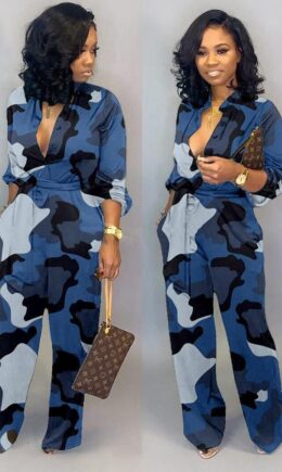 Fashion Casual Button bandage Coloured drawing Camouflage Polyester Long Sleeve O Neck
