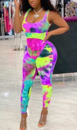 Fashion Casual Print zipper Sleeveless O Neck Jumpsuits