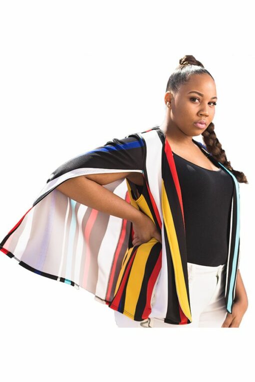 Multi-color cardigan contrast color Print Striped Polyester Print Long Sleeve  cloak