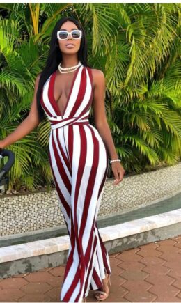 Sexy Fashion zipper Striped Print Patchwork Polyester Sleeveless V Neck  Jumpsuits