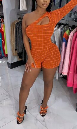 Fashion Sexy Print Plaid Patchwork Hollow Long Sleeve one shoulder collar Jumpsuits