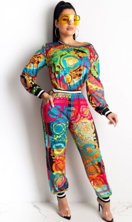 venetian Sexy Two Piece Suits Print Patchwork Straight Long Sleeve