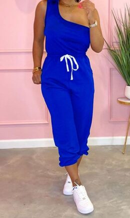 Royal blue Polyester Fashion Casual adult Patchwork Solid Bandage Two Piece Suits pencil Sleeveless Two Pieces