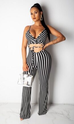 Sexy Fashion Striped bandage Backless Hollow Polyester Sleeveless Slip  Jumpsuits