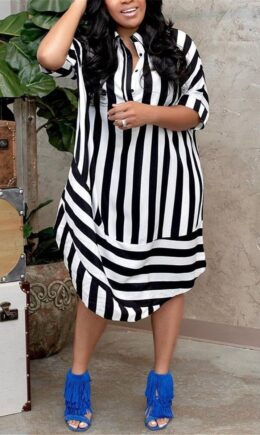 Polyester Fashion Casual Short Sleeves Turndown Collar Straight Mini Striped Print Dresses