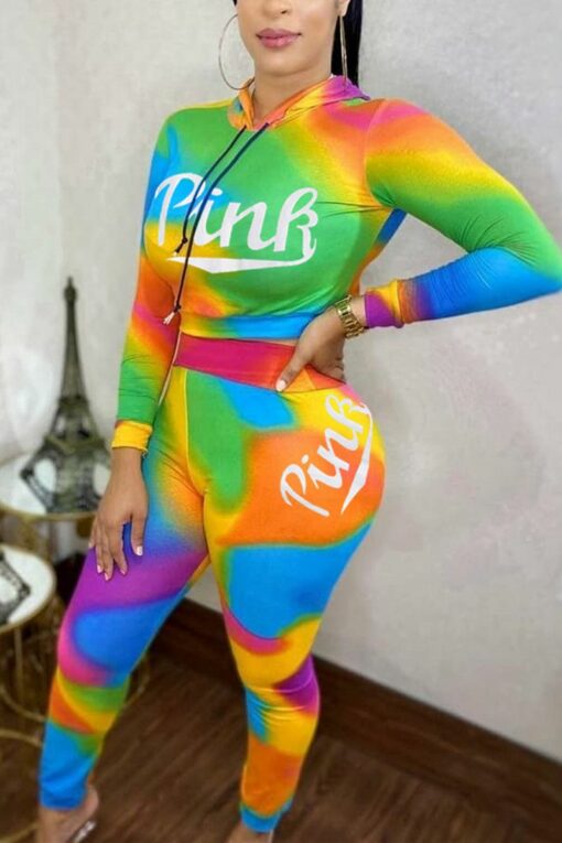 Fashion Casual Long Sleeve Hooded Collar Regular Sleeve Regular Letter Print Tie Dye Two Pieces