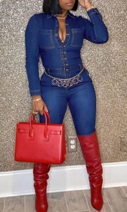 Sexy Fashion Solid Pocket Long Sleeve Jumpsuits
