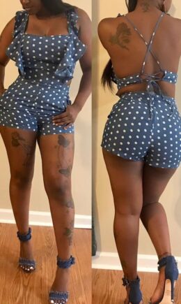 Fashion Sexy Dot Print Backless Square Collar Skinny Romper