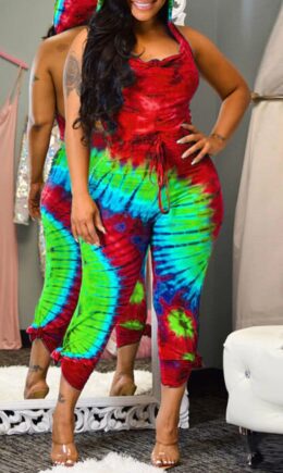 Sexy Casual Print Tie-dye Backless Hooded Collar Regular Jumpsuits