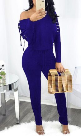 Color Fashion Casual Solid Strap Design Oblique Collar Regular Jumpsuits