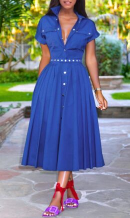 Fashion Casual Solid With Belt Turndown Collar Short Sleeve Dress