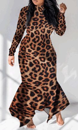 Leopard Print Sexy Print Split Joint Half A Turtleneck Irregular Dress Dresses
