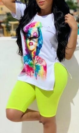 Polyester adult Casual Fashion Two Piece Suits Patchwork Split head portrait Print pencil Short Slee