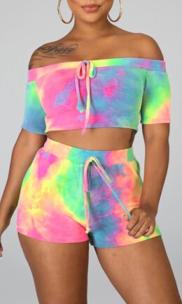 multicolor venetian Casual Two Piece Suits Print Tie Dye Straight Short Sleeve