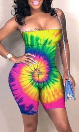 Sexy Fashion Tie-dyed Coloured drawing bandage Polyester Sleeveless Wrapped  Rompers