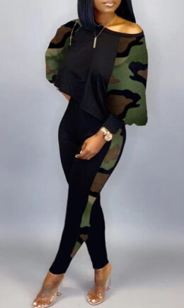 Camouflage Fashion Sexy Print Split Joint O Neck Long Sleeve Two Pieces