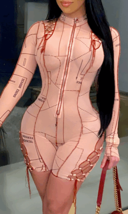 Sexy Print Frenulum Half A Turtleneck Skinny Jumpsuits
