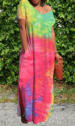 Casual Patchwork Tie-dye Slit V Neck Straight Dresses