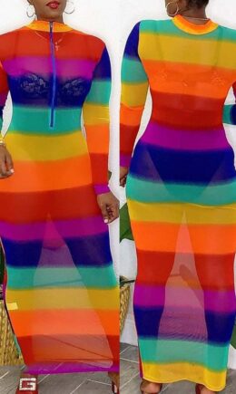 Rainbow Color Sexy Casual Print See-through Zipper Collar Long Sleeve Dresses